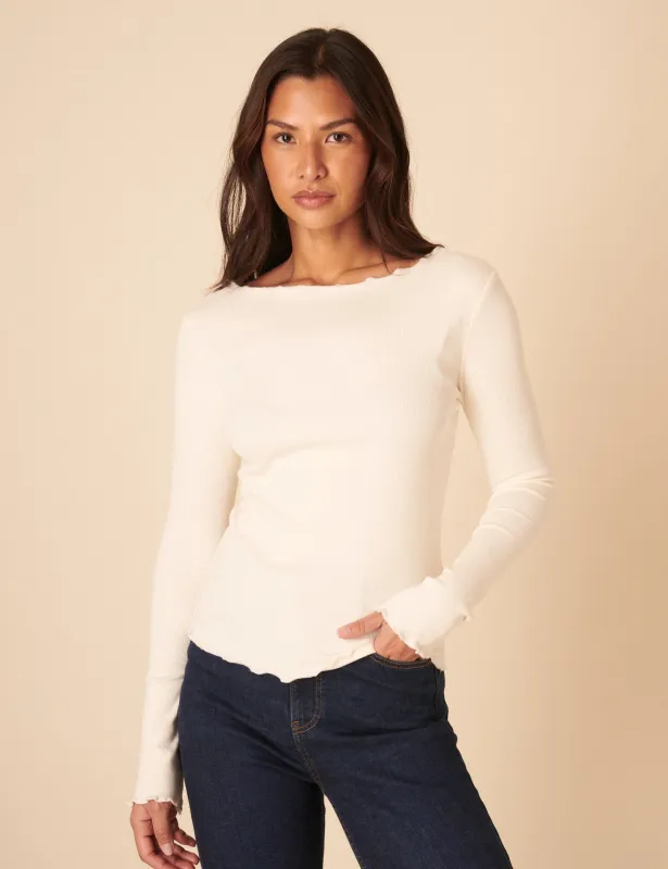Cream Boat Neck Frill Ribbed Top sold by Nobody's Child