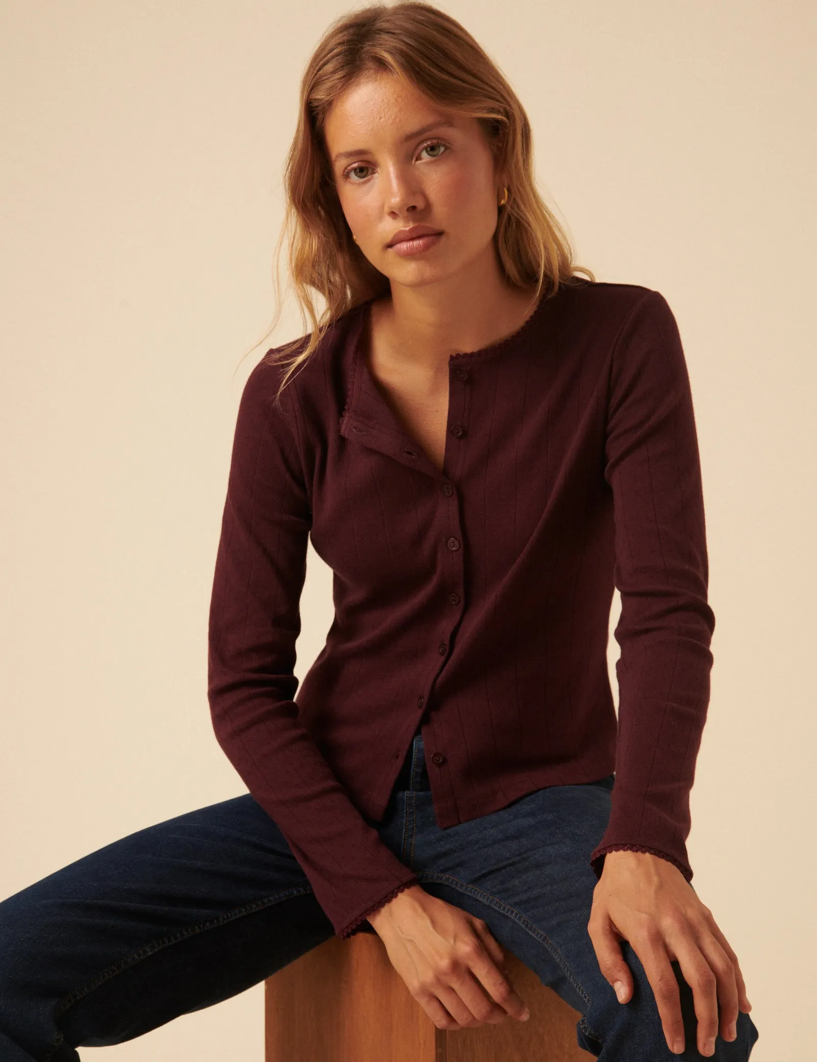 Burgundy Pointelle Cardigan sold by Nobody's Child product image thumbnail 4