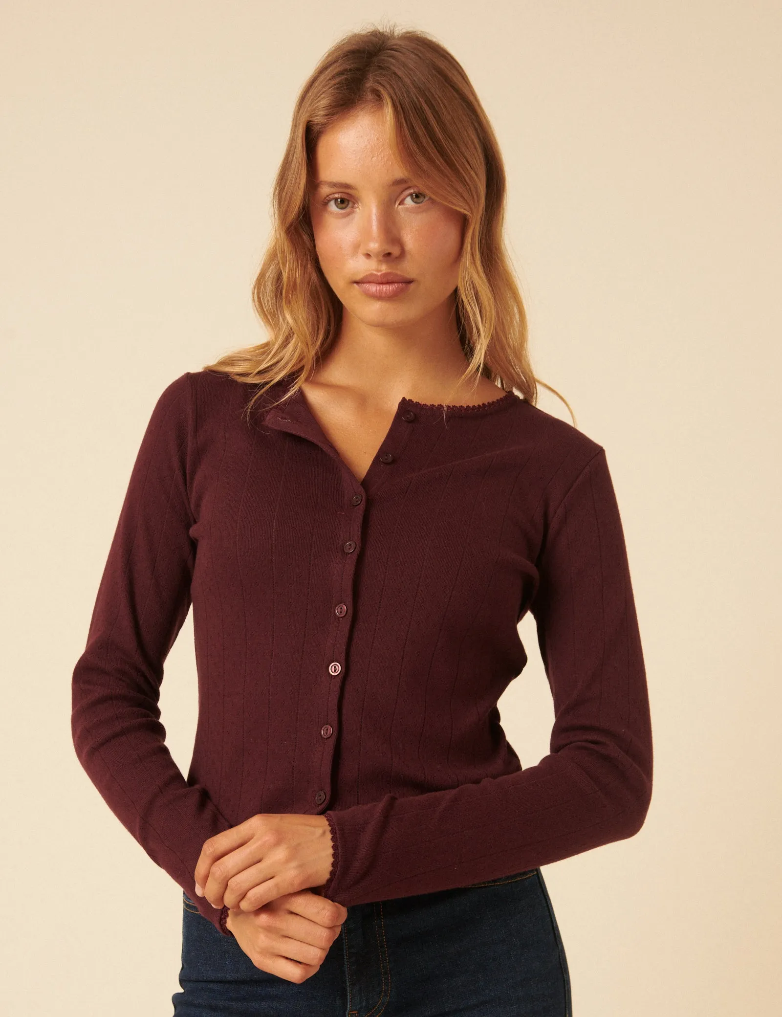 Burgundy Pointelle Cardigan sold by Nobody's Child product image thumbnail 3