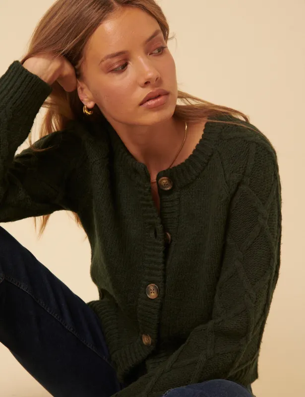 Khaki Cable Knit Crew Neck Cardigan sold by Nobody's Child