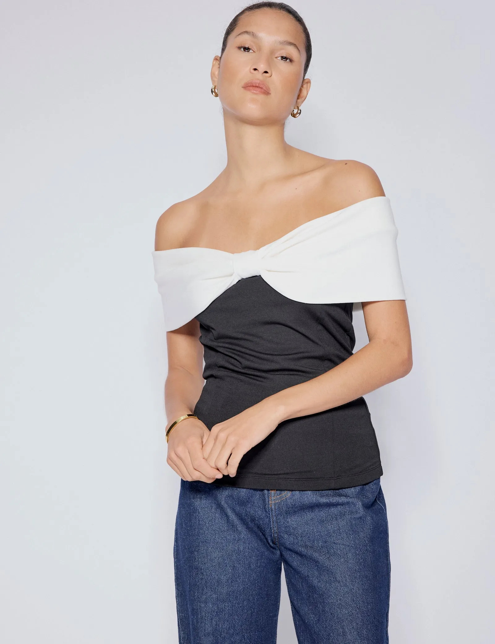 Black Bow Off Shoulder Contrast Top sold by Nobody's Child product image thumbnail 4