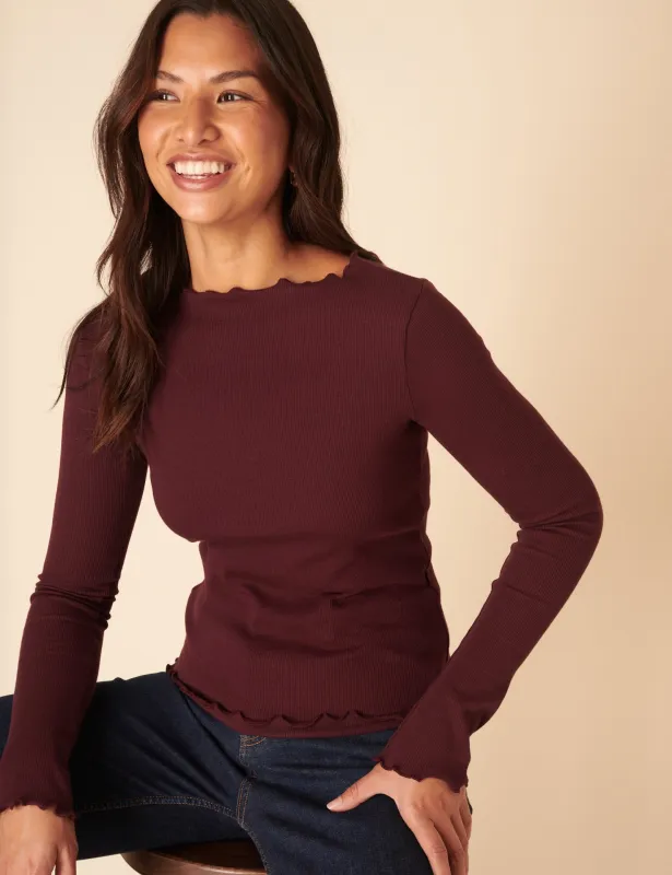 Burgundy Boat Neck Frill Ribbed Top sold by Nobody's Child
