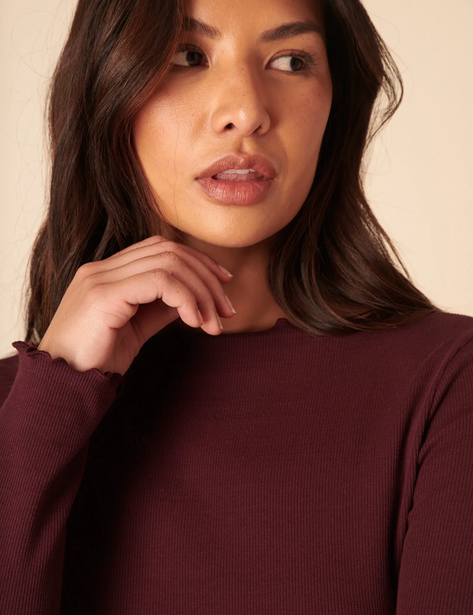 Burgundy Boat Neck Frill Ribbed Top sold by Nobody's Child product image thumbnail 2