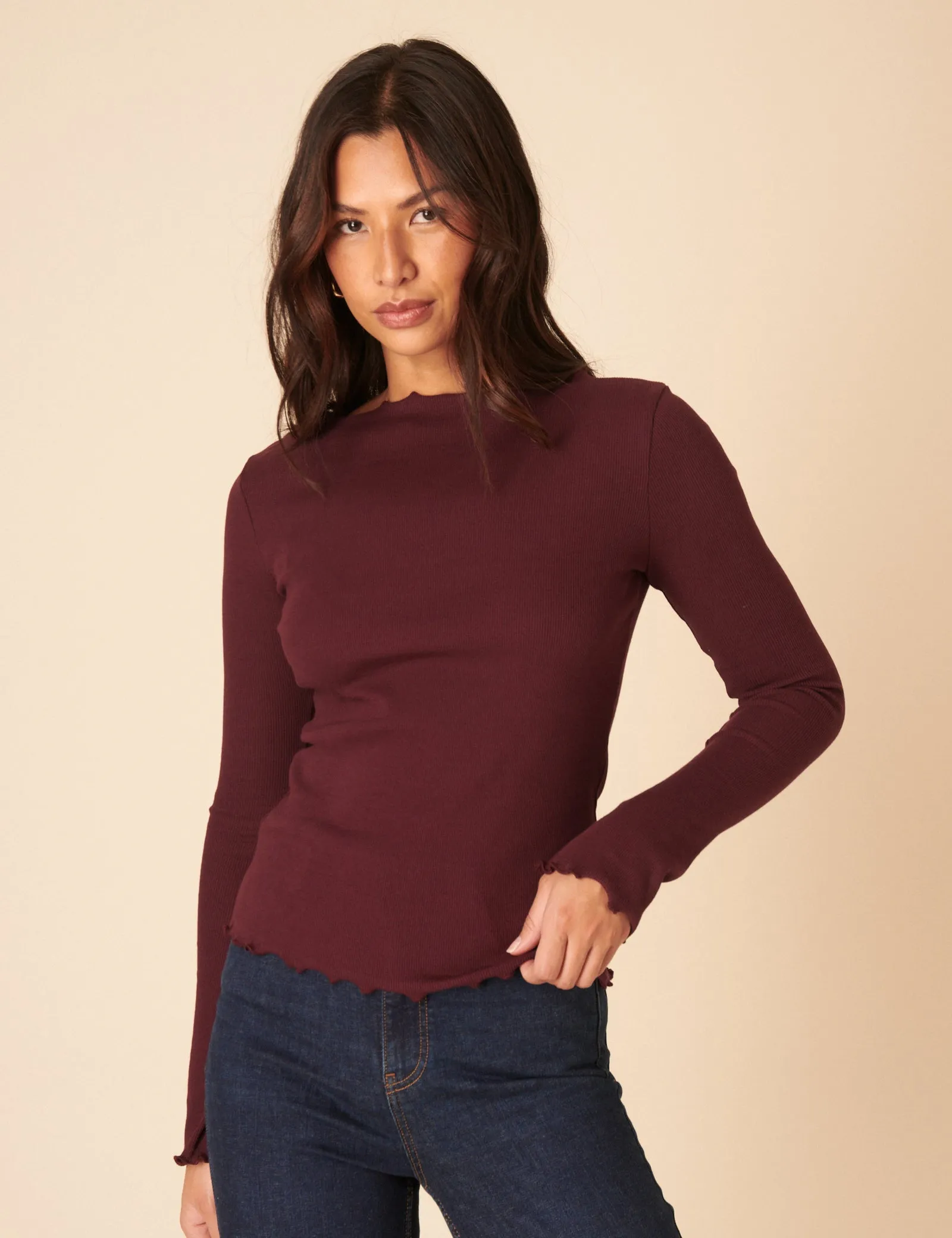 Burgundy Boat Neck Frill Ribbed Top sold by Nobody's Child product image thumbnail 3