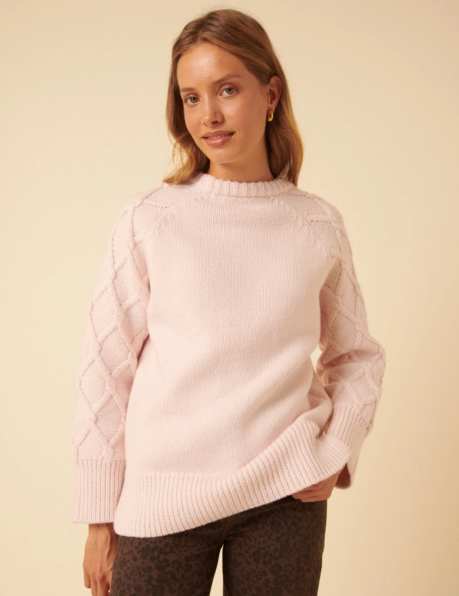 Light Pink Cable Knit Crew Neck Cardigan sold by Nobody's Child product image thumbnail 3