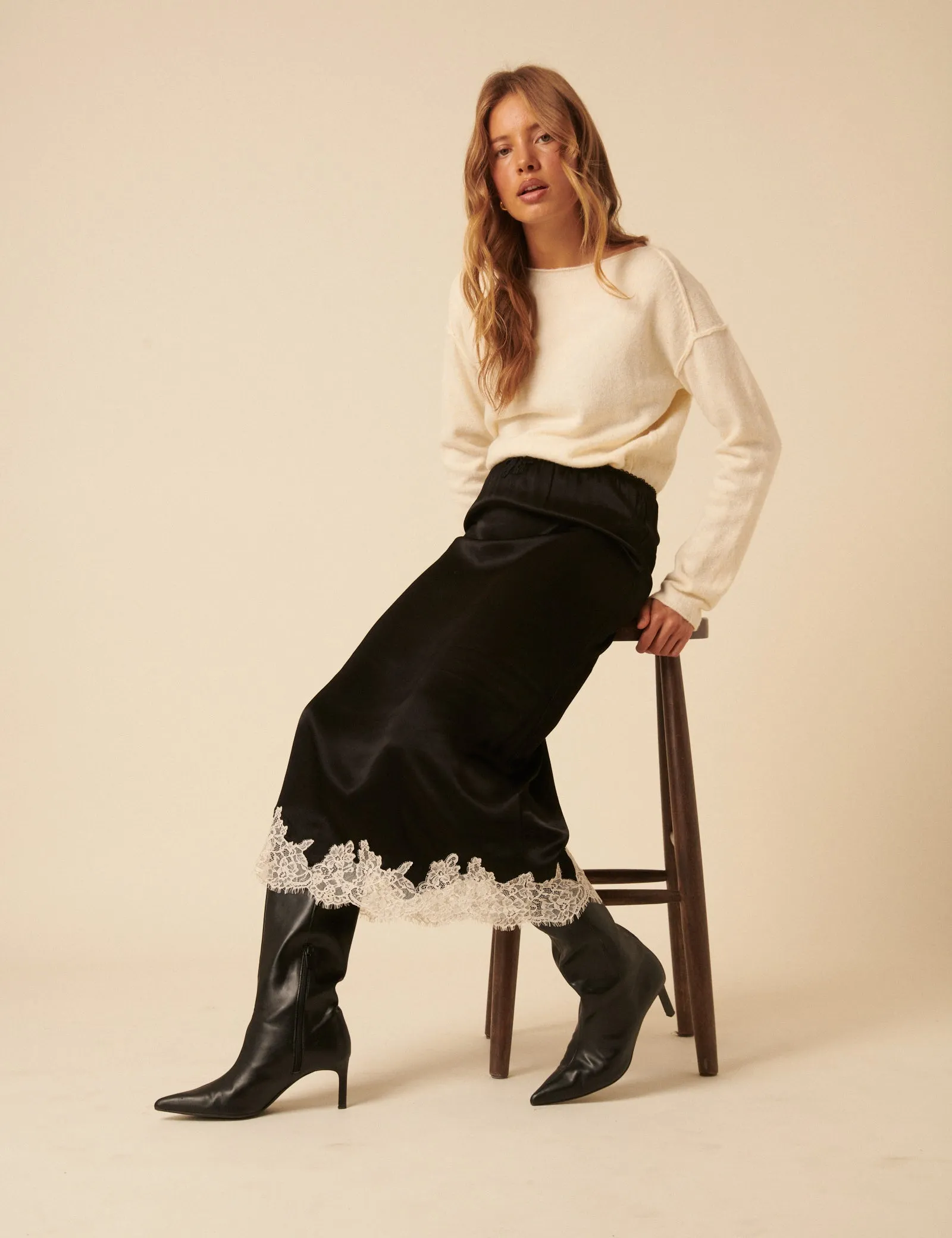 Black Lace Trim Satin Midi Skirt sold by Nobody's Child product image thumbnail 4