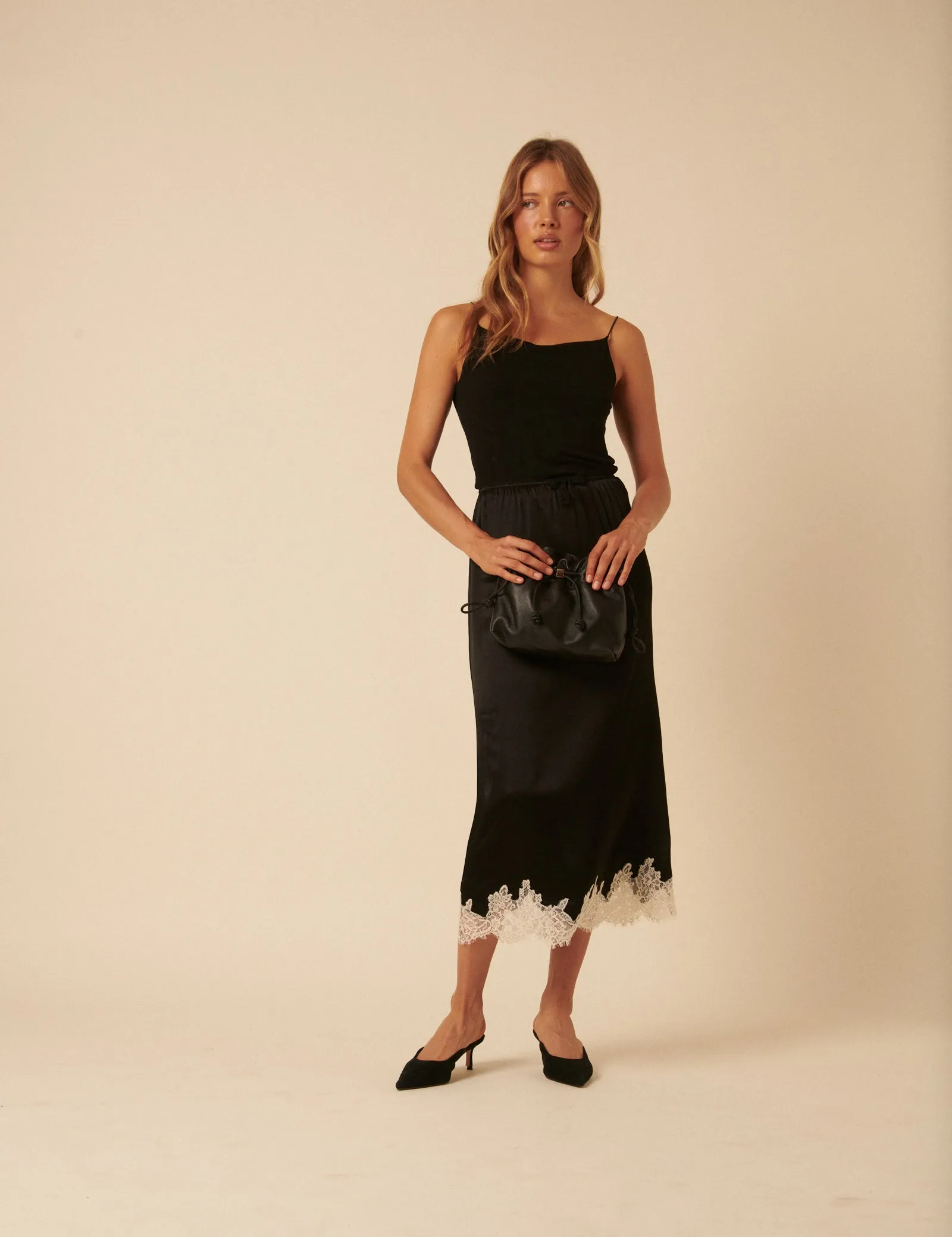 Black Lace Trim Satin Midi Skirt sold by Nobody's Child