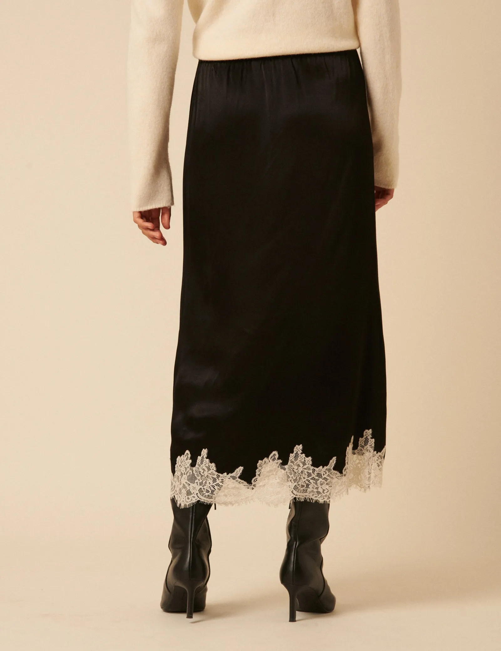 Black Lace Trim Satin Midi Skirt sold by Nobody's Child product image thumbnail 5