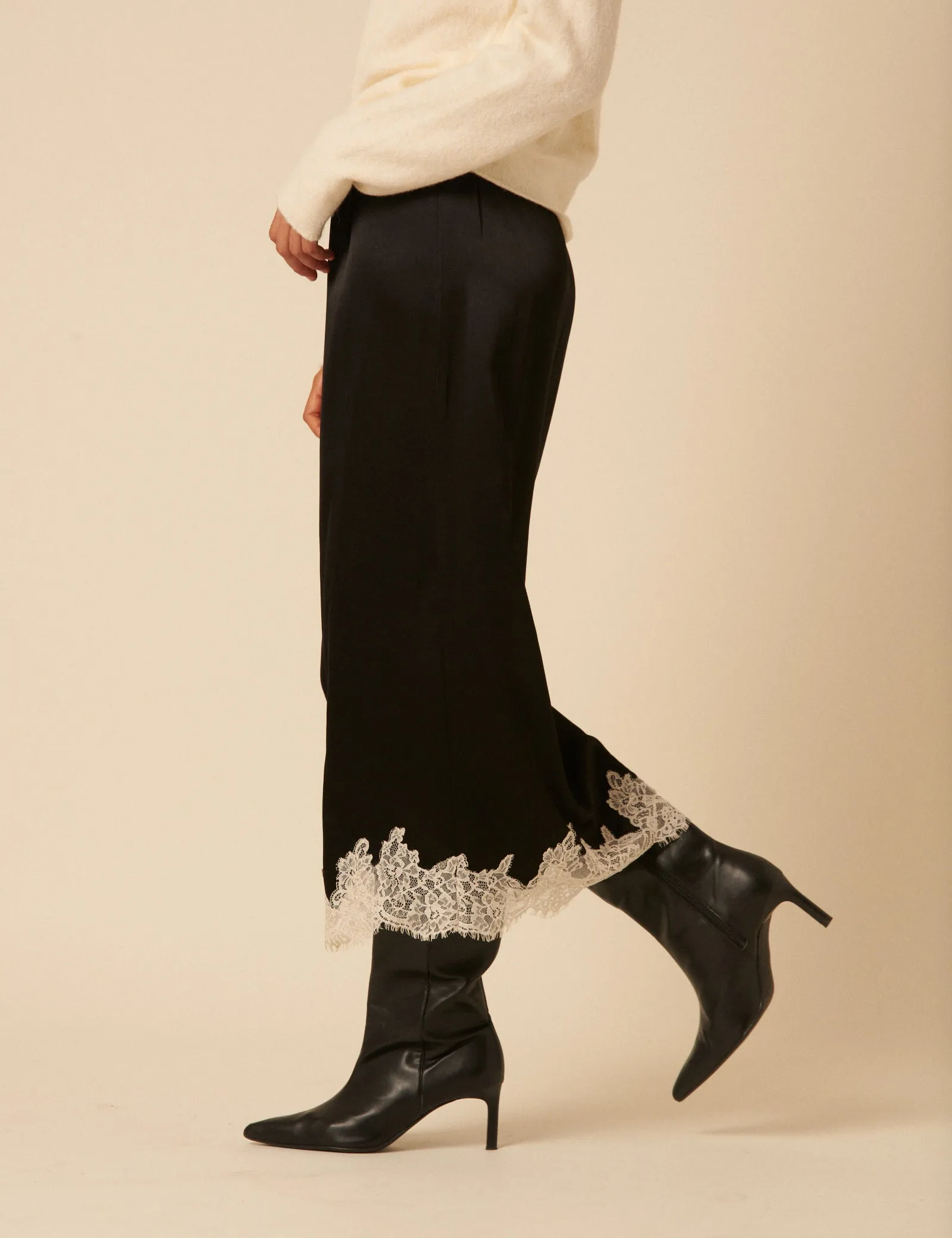 Black Lace Trim Satin Midi Skirt sold by Nobody's Child product image thumbnail 2