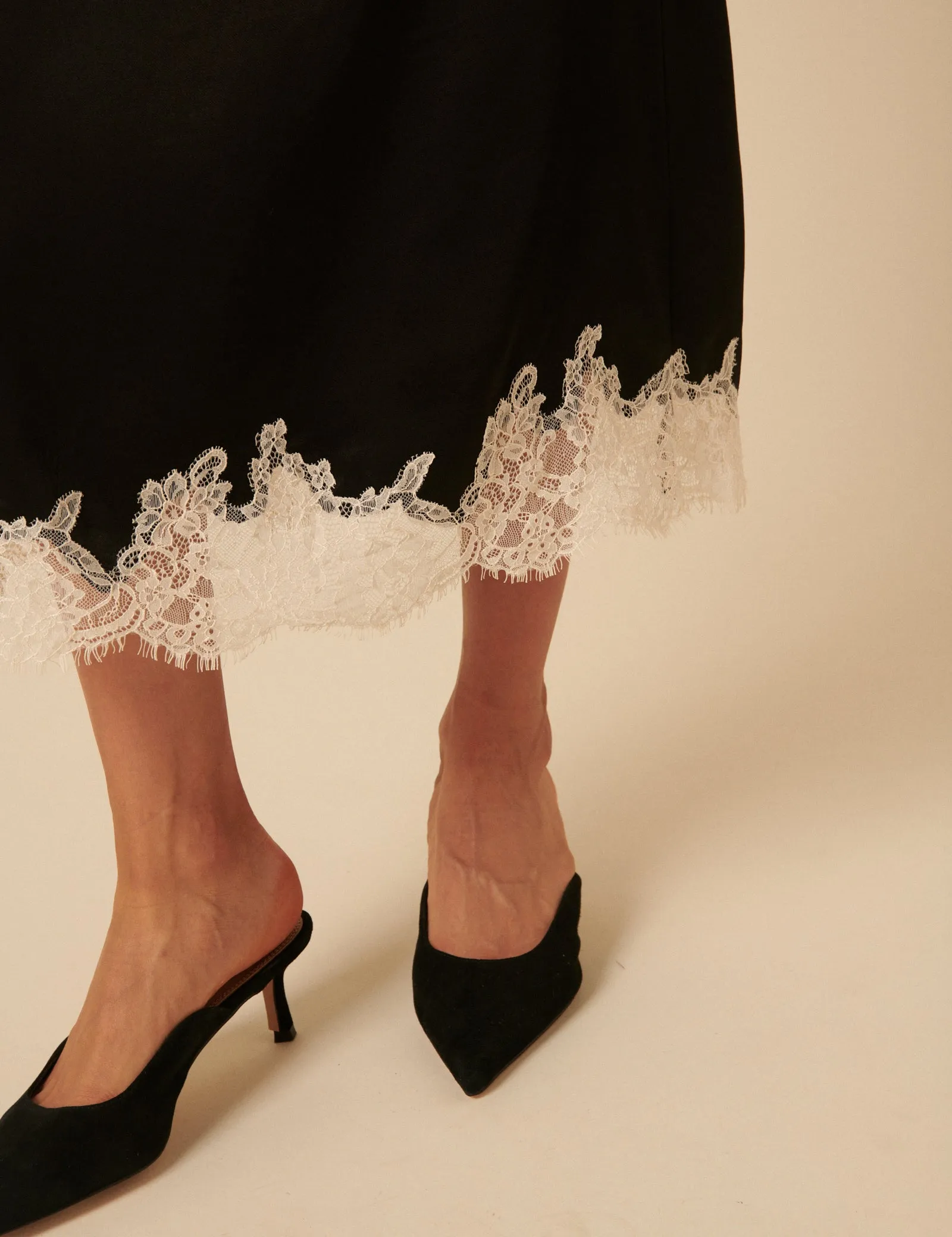 Black Lace Trim Satin Midi Skirt sold by Nobody's Child product image thumbnail 3