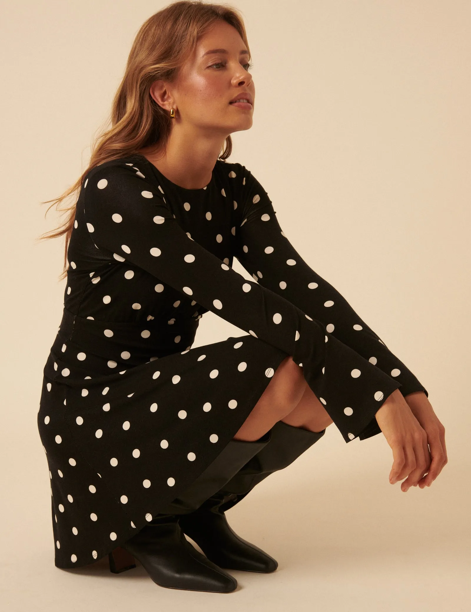 Black Polka Dot Long Sleeve Tate Jersey Mini Dress sold by Nobody's Child product image thumbnail 2