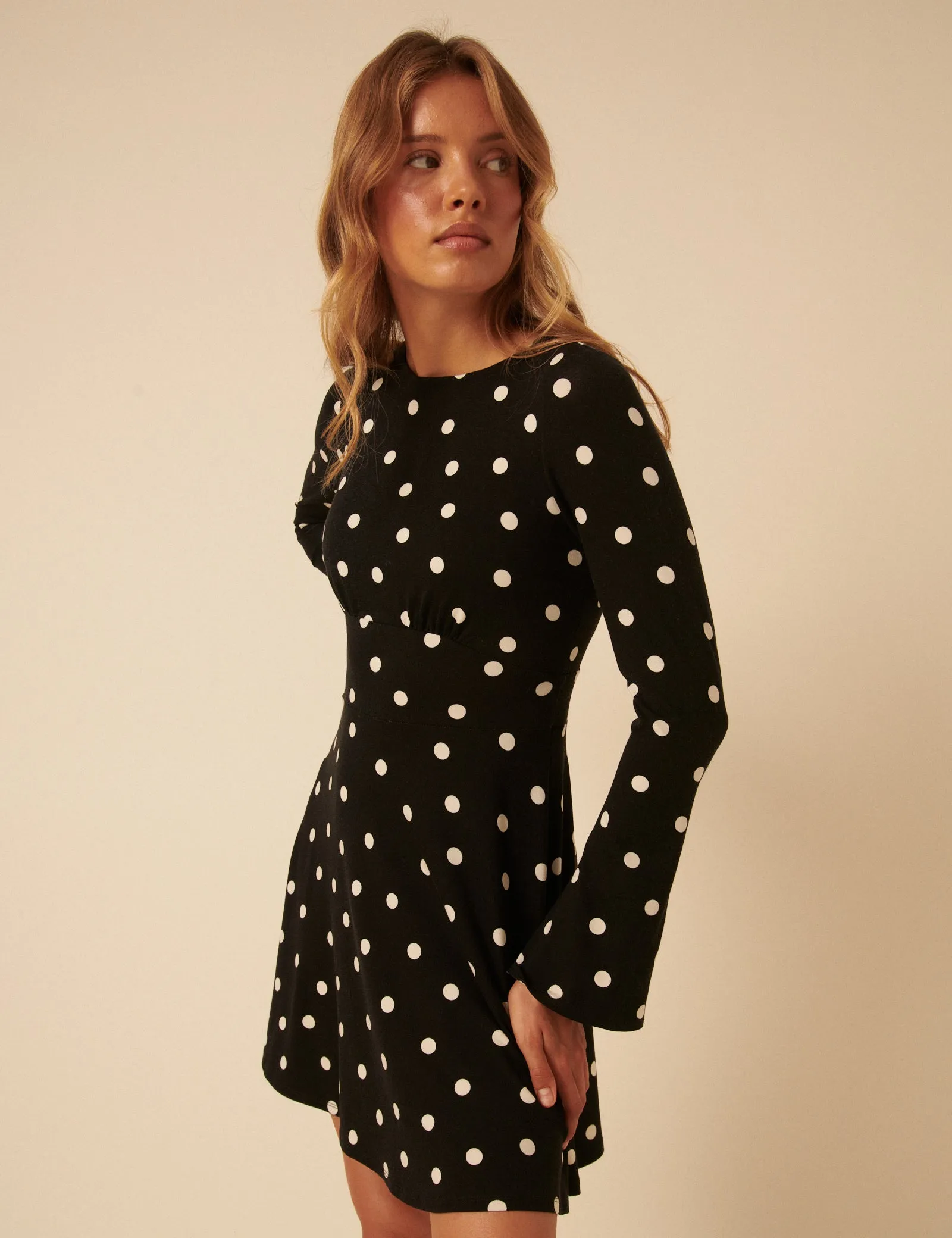 Black Polka Dot Long Sleeve Tate Jersey Mini Dress sold by Nobody's Child product image thumbnail 4