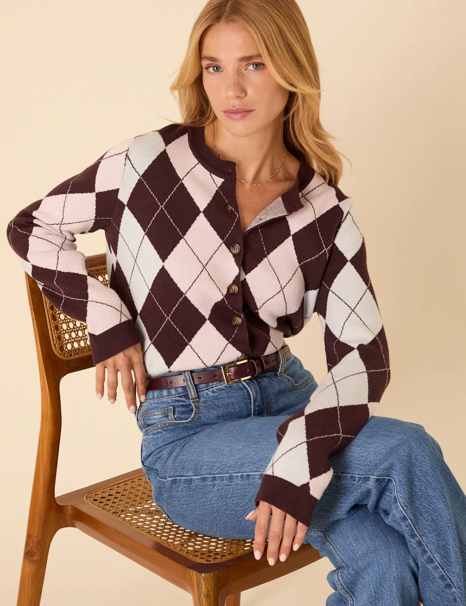 Brown And Pink Argyle Print Cardigan sold by Nobody's Child