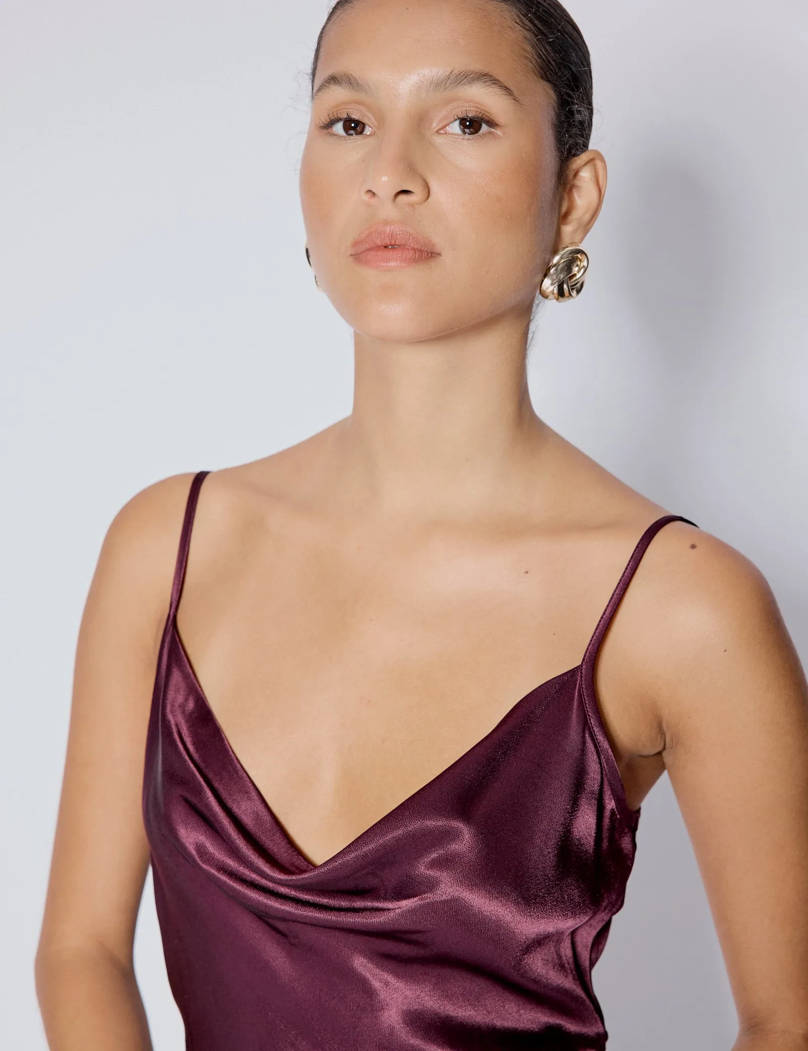 Purple Satin Cowl Neck Trixie Midi Dress sold by Nobody's Child product image thumbnail 3