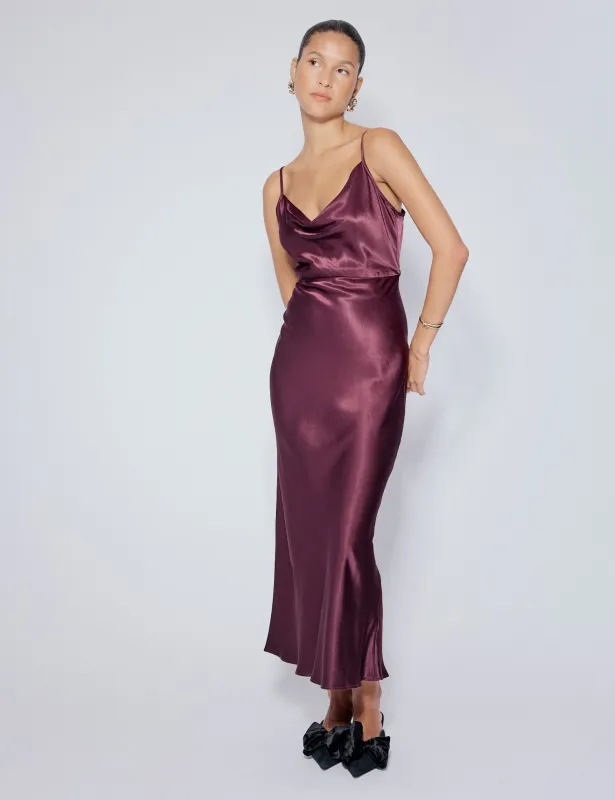 Purple Satin Cowl Neck Trixie Midi Dress sold by Nobody's Child