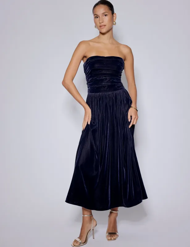 Navy Velvet Bandeau Felicity Midaxi Dress sold by Nobody's Child