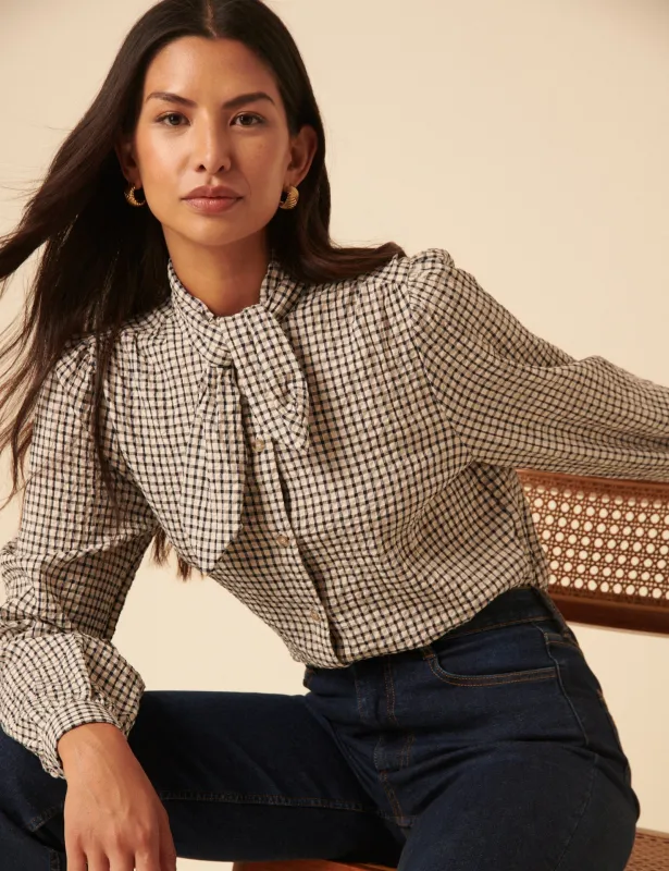 White Check Tie Neck Shirt sold by Nobody's Child