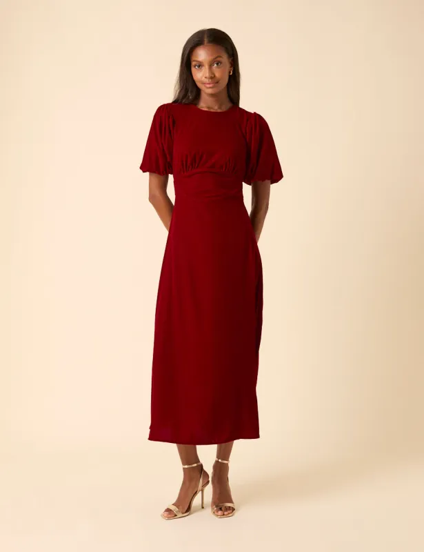 Red Velvet Puff Sleeve Zoi Midi Dress sold by Nobody's Child