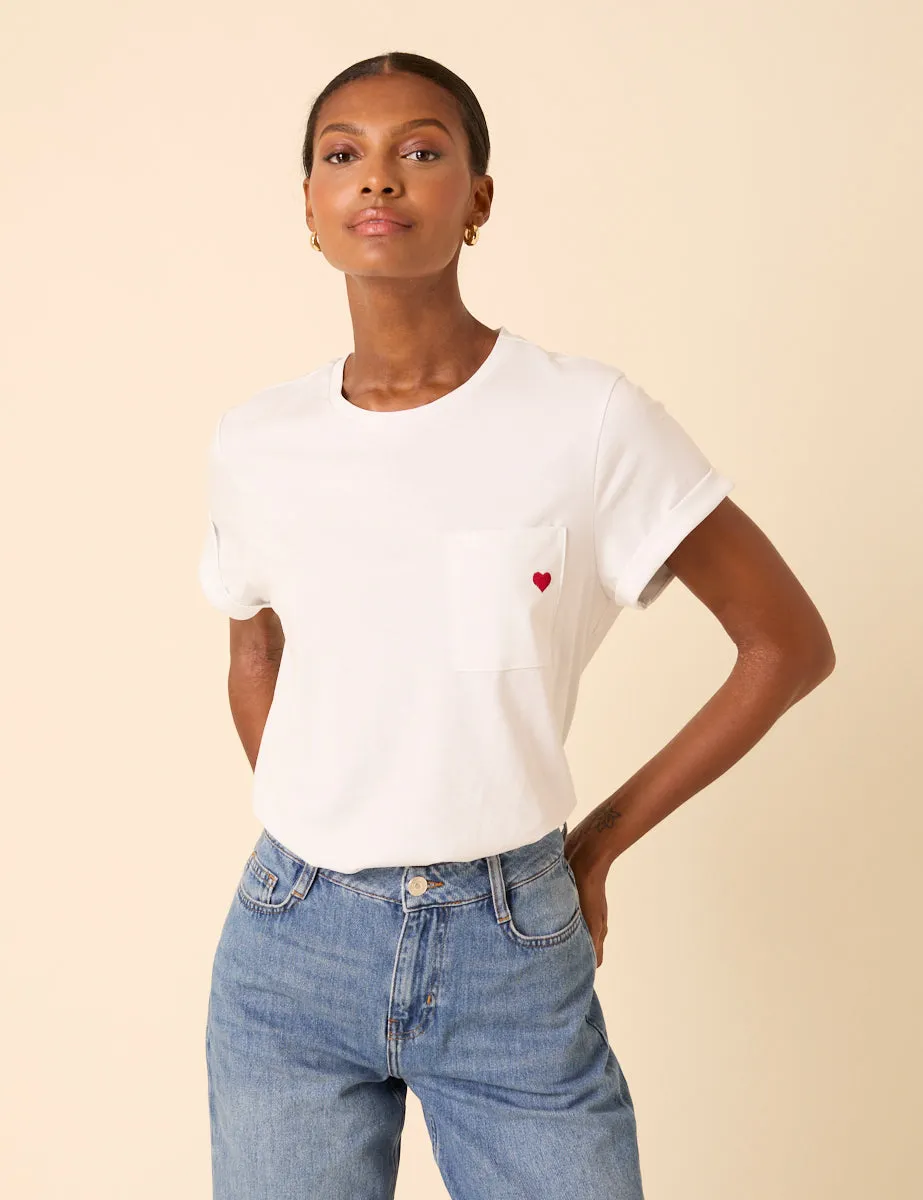 White Embroidered Heart T-Shirt sold by Nobody's Child