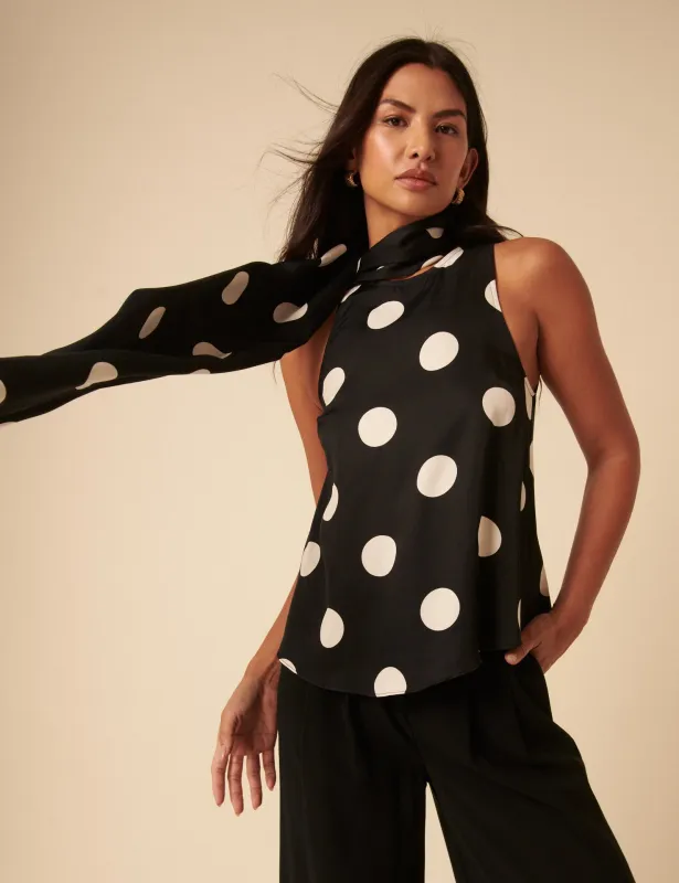 Black Polka Dot Tie Neck Top sold by Nobody's Child