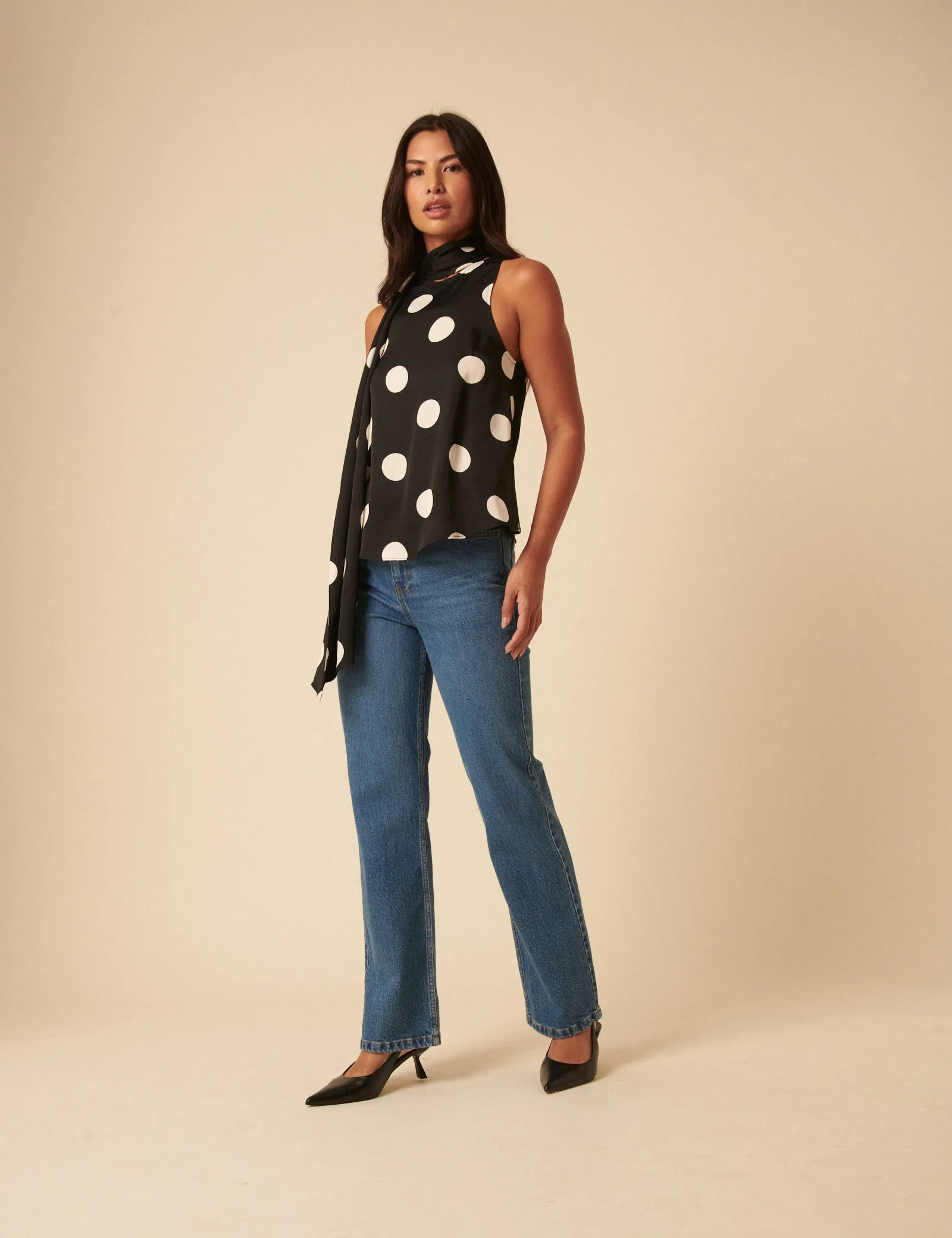 Black Polka Dot Tie Neck Top sold by Nobody's Child product image thumbnail 4