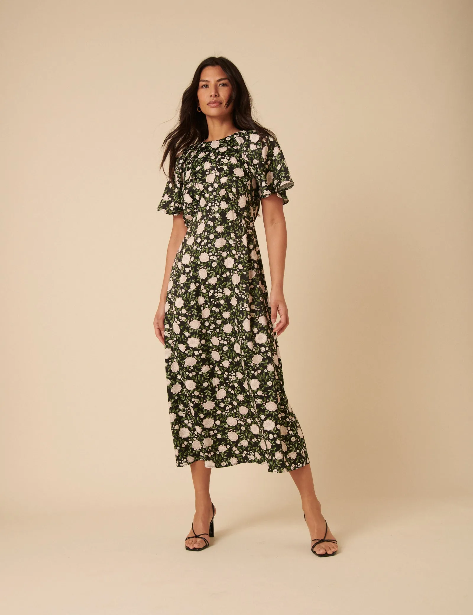 Black Floral Madeira Frill Sleeve Midi Dress sold by Nobody's Child