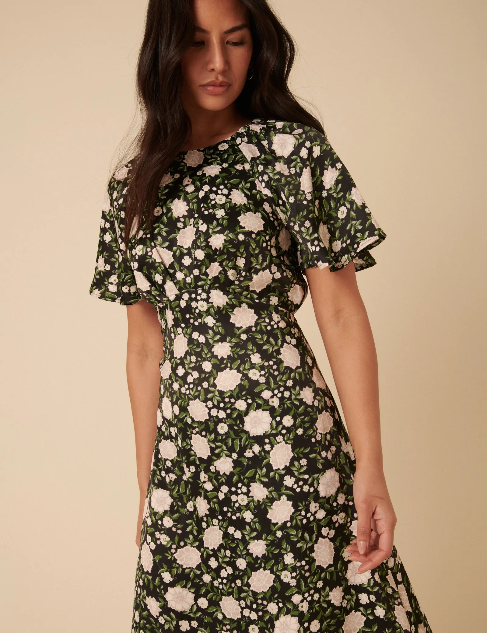 Black Floral Madeira Frill Sleeve Midi Dress sold by Nobody's Child product image thumbnail 2