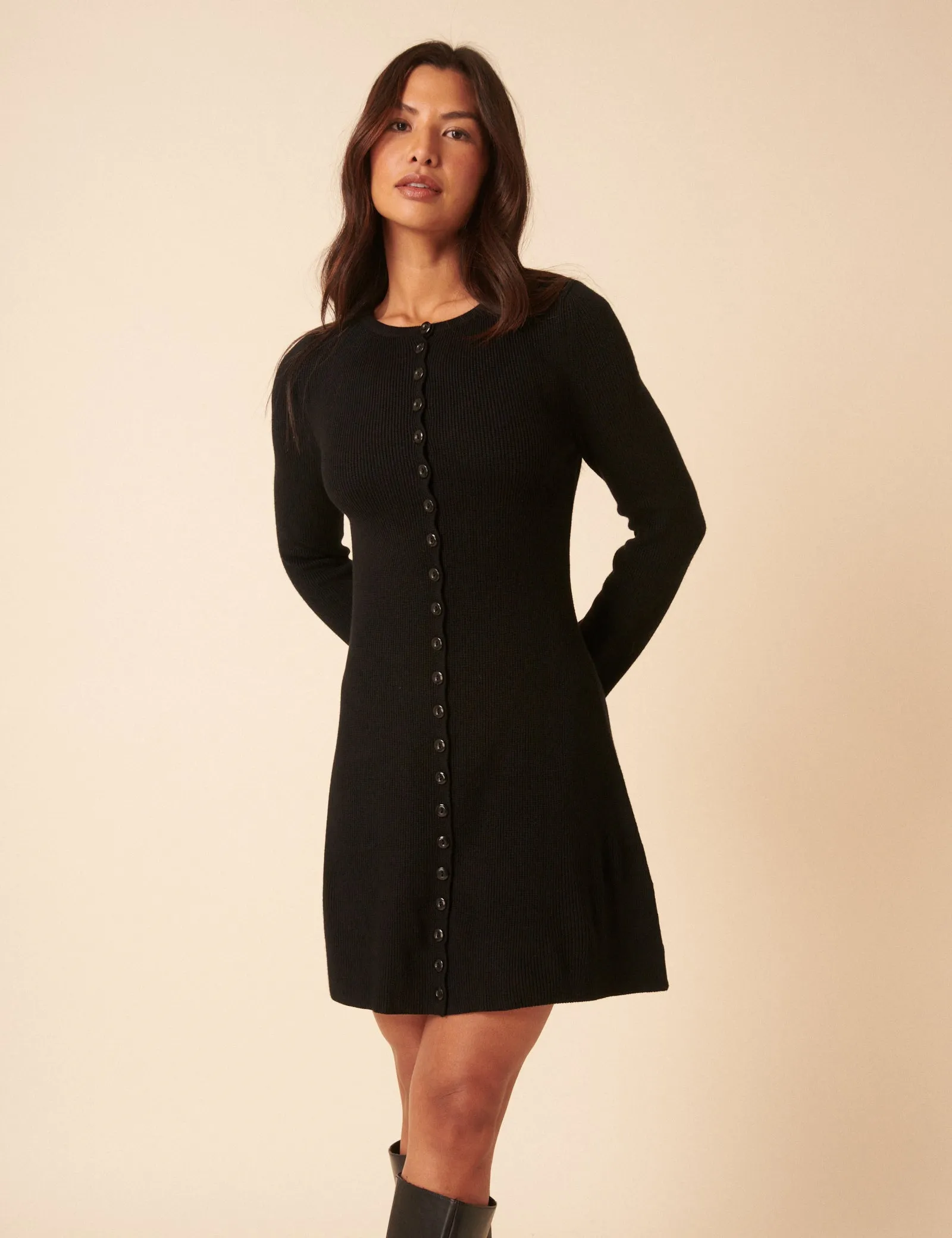 Black Long Sleeve Button Through Knitted Mini Dress sold by Nobody's Child product image thumbnail 3