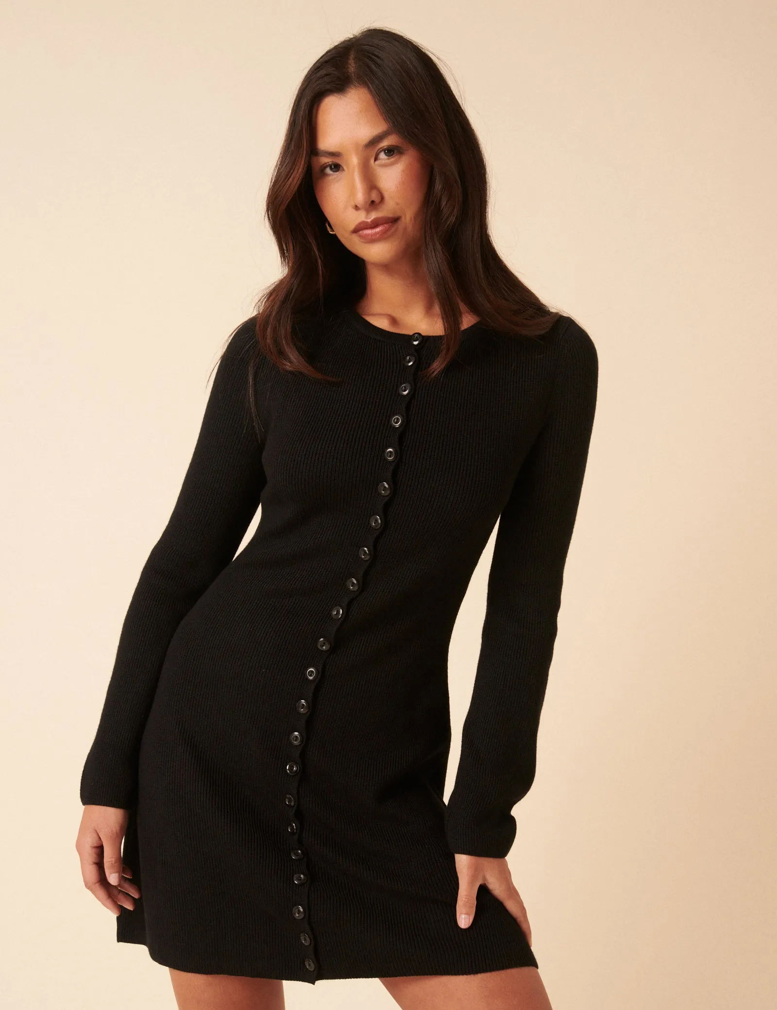 Black Long Sleeve Button Through Knitted Mini Dress sold by Nobody's Child