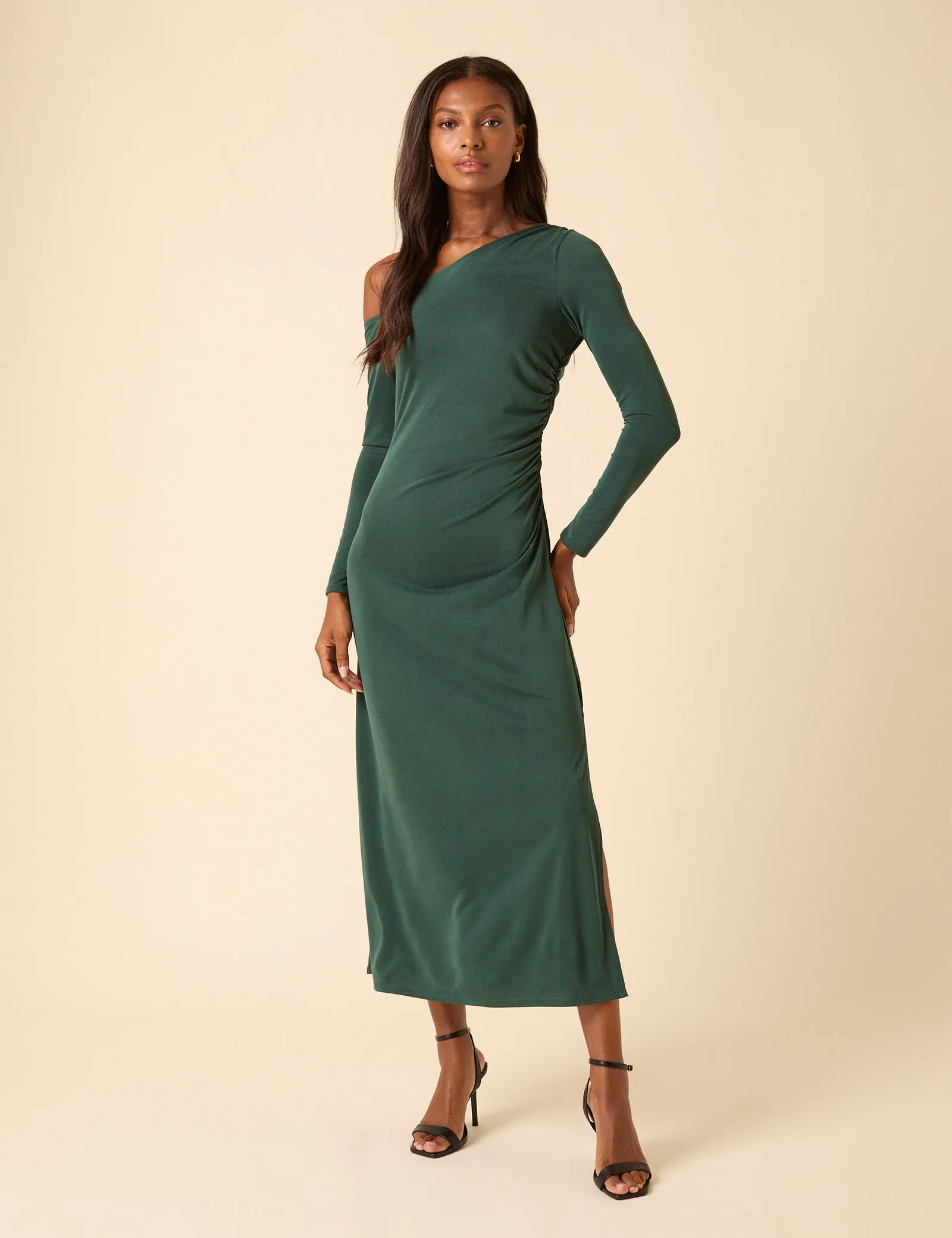 Green Asymmetric Long Sleeve Jersey Bethany Midi Dress sold by Nobody's Child