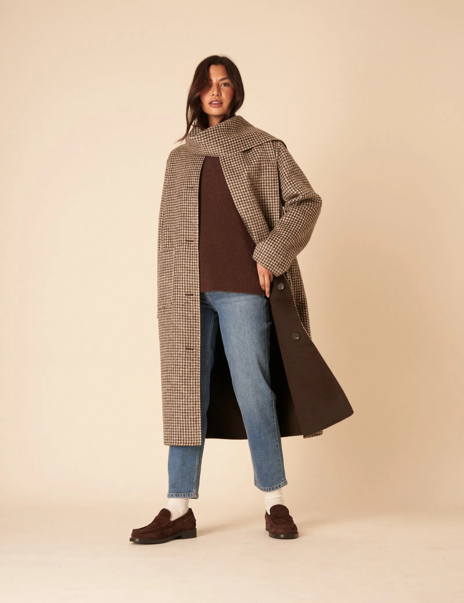 Brown Houndstooth Reversible Scarf Coat sold by Nobody's Child