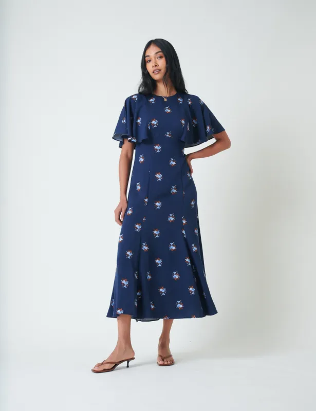 Blue Floral Frill Sleeve Verona Midi Dress sold by Nobody's Child
