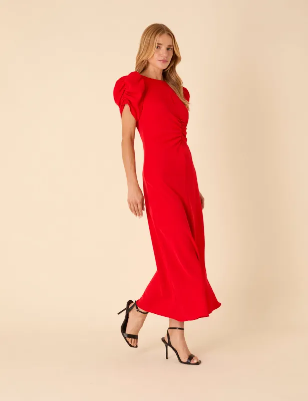 Red Shirred Naomi Midi Dress sold by Nobody's Child