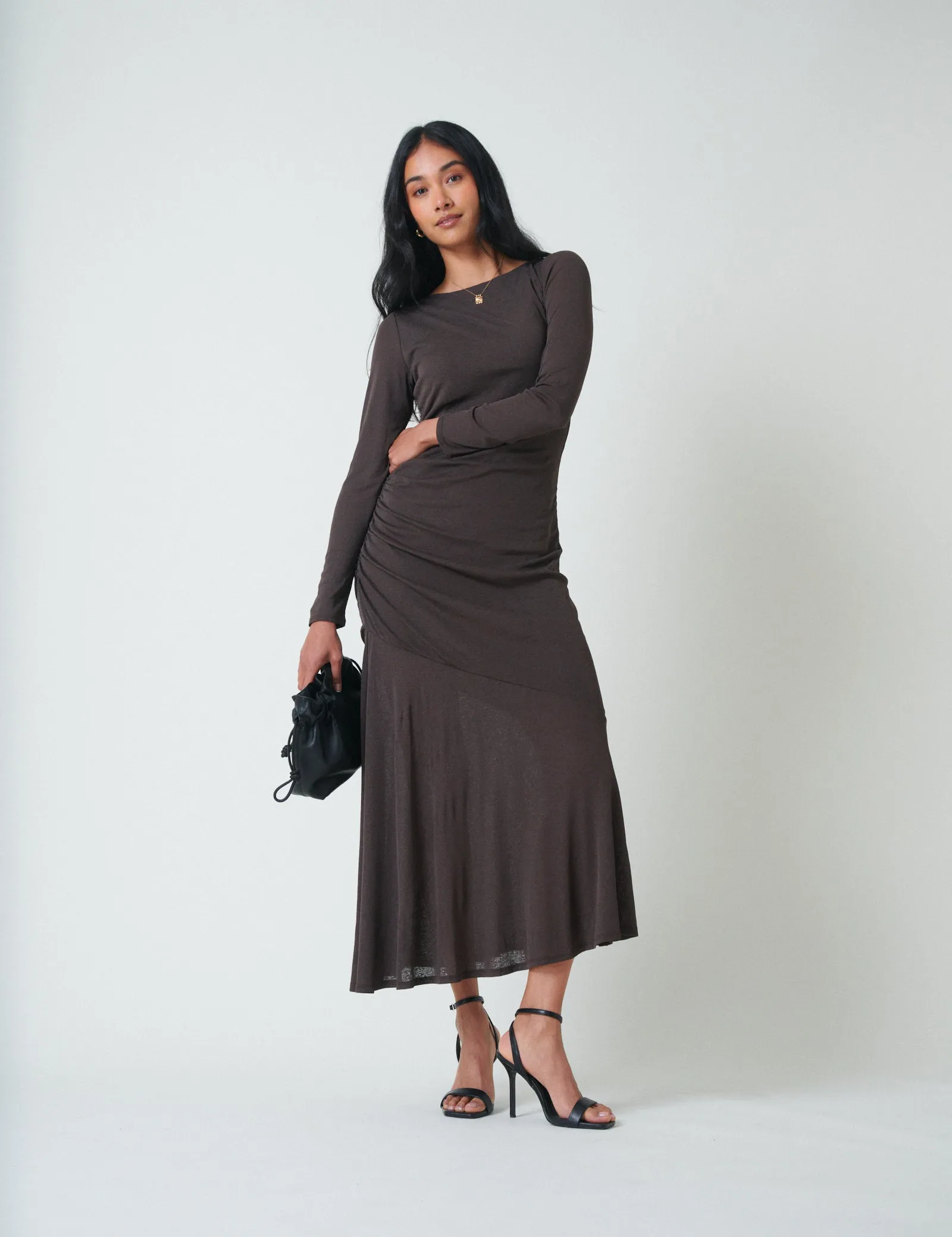 Brown Long Sleeve Draped Tallulah Midi Dress sold by Nobody's Child product image thumbnail 3