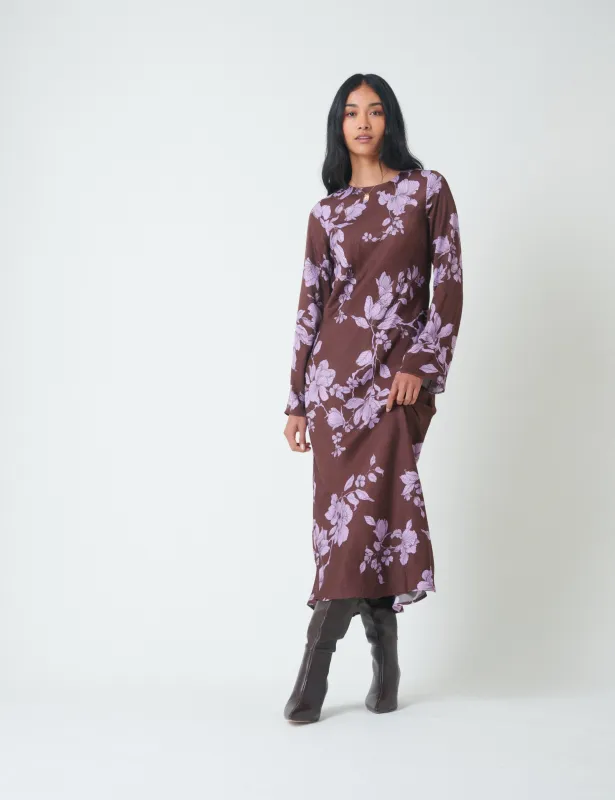 Brown Floral Long Sleeve Shiloh Midi Dress sold by Nobody's Child