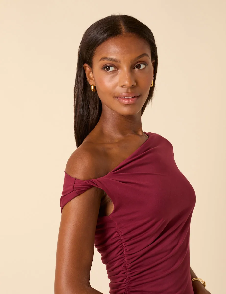 Burgundy Twist Shoulder Bethany Jersey Midi Dress sold by Nobody's Child product image thumbnail 4