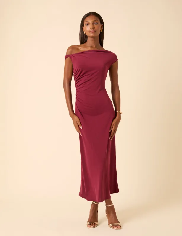 Burgundy Twist Shoulder Bethany Midi Dress sold by Nobody's Child