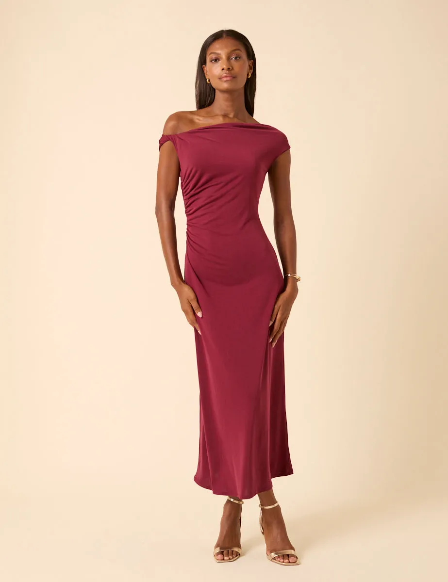 Burgundy Twist Shoulder Bethany Jersey Midi Dress sold by Nobody's Child