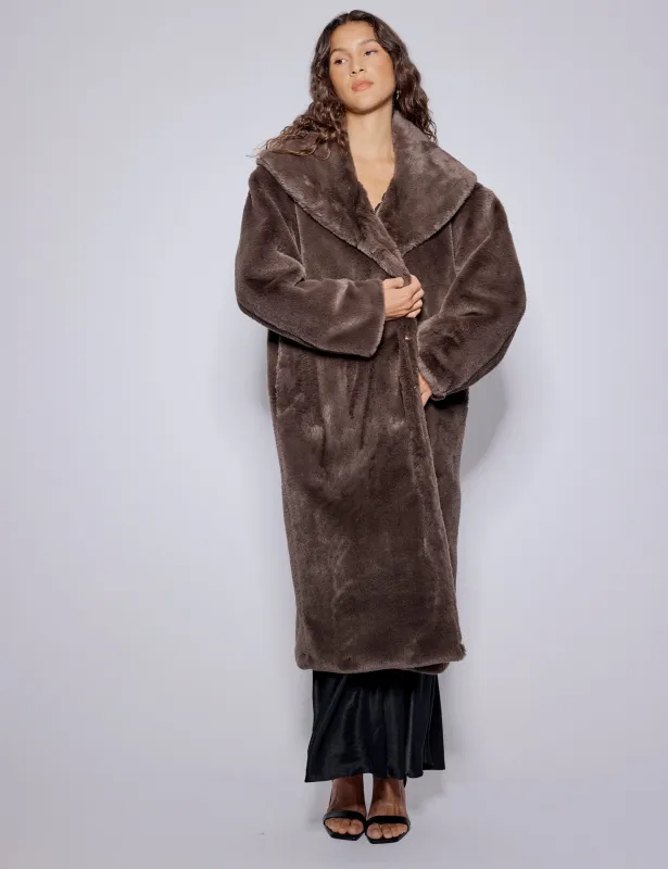 Brown Faux Fur Collared Longline Jacket sold by Nobody's Child