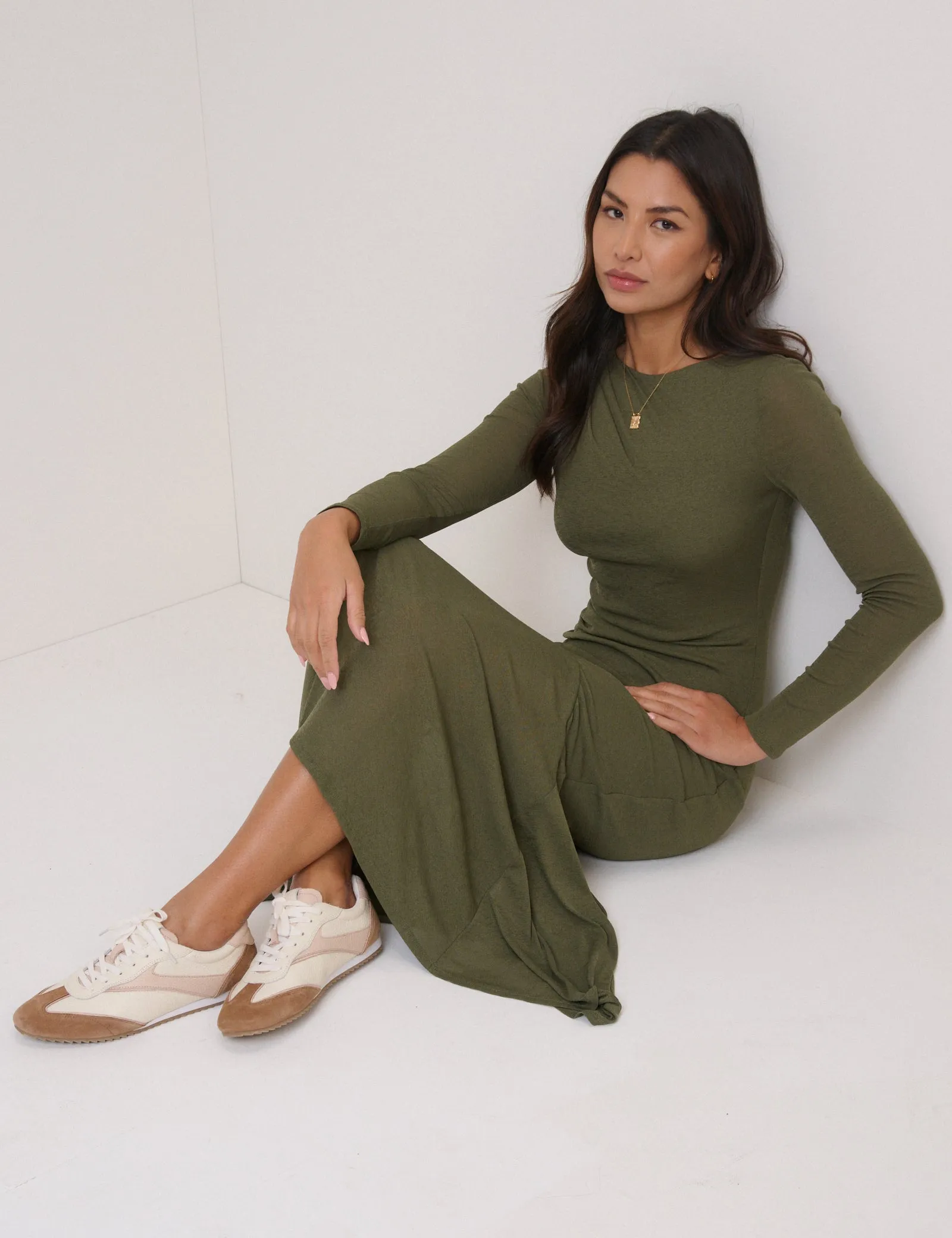 Green Long Sleeve Draped Tallulah Jersey Midi Dress sold by Nobody's Child product image thumbnail 4