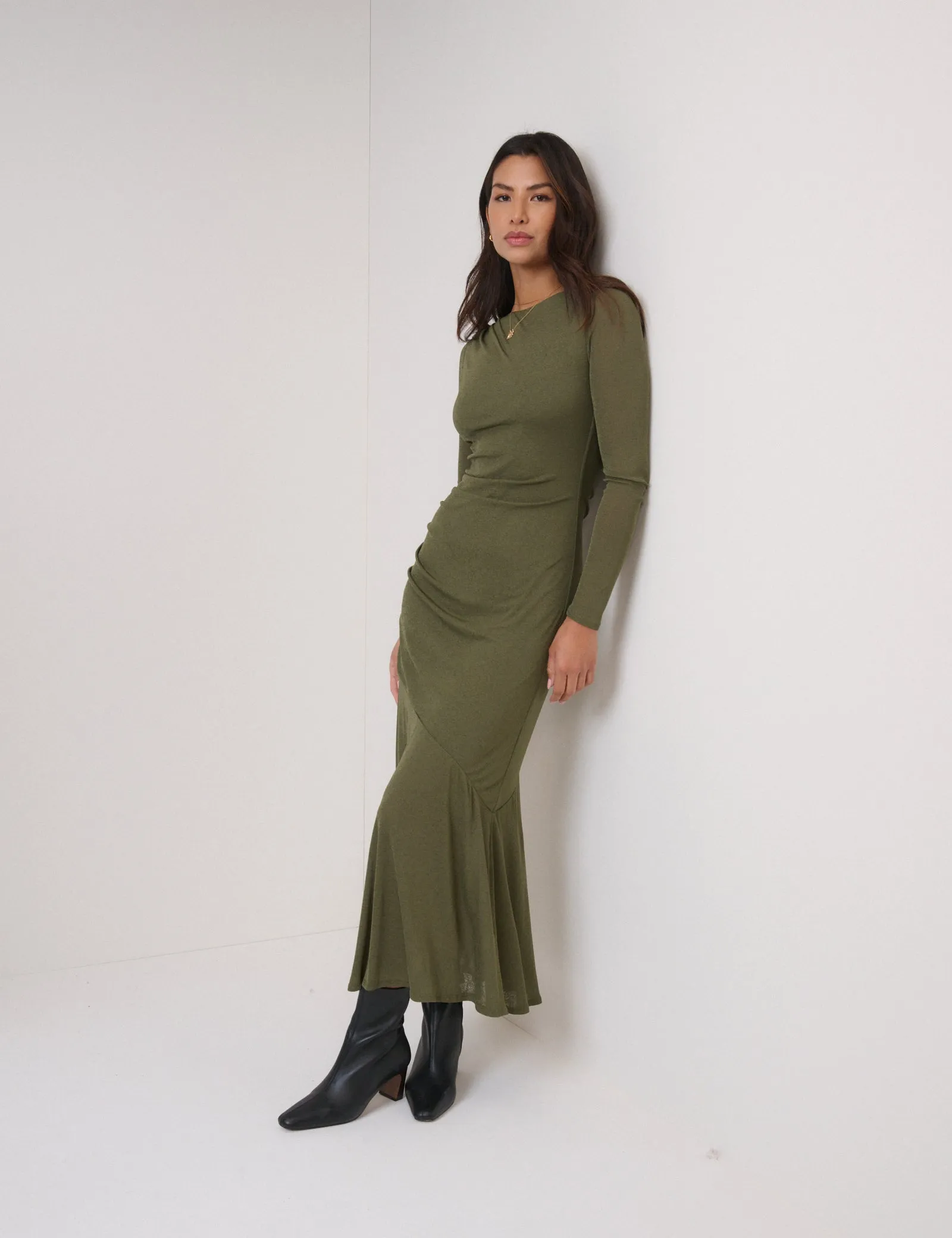 Green Long Sleeve Draped Tallulah Jersey Midi Dress sold by Nobody's Child