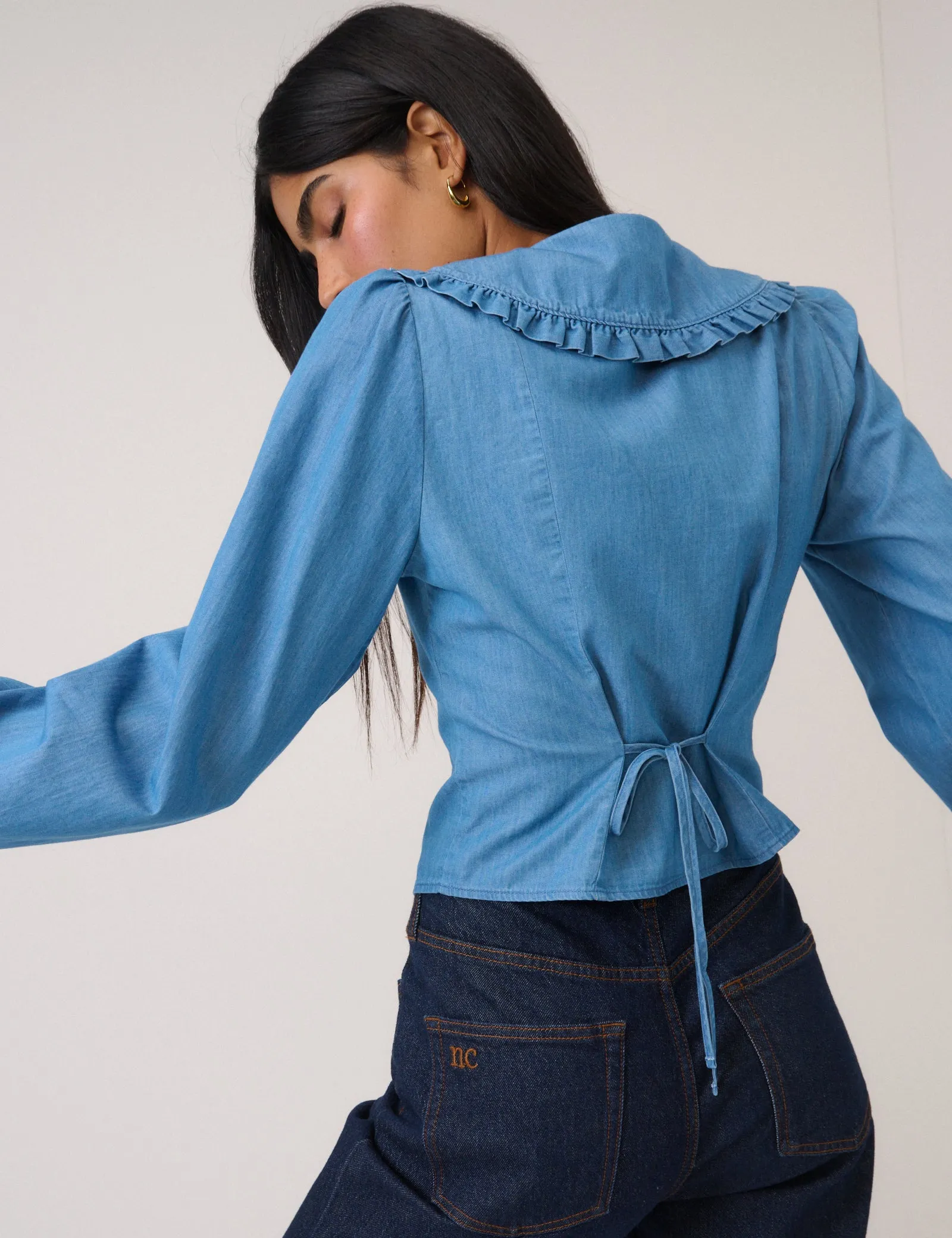 Blue Denim Frill Long Sleeve Blouse sold by Nobody's Child product image thumbnail 5