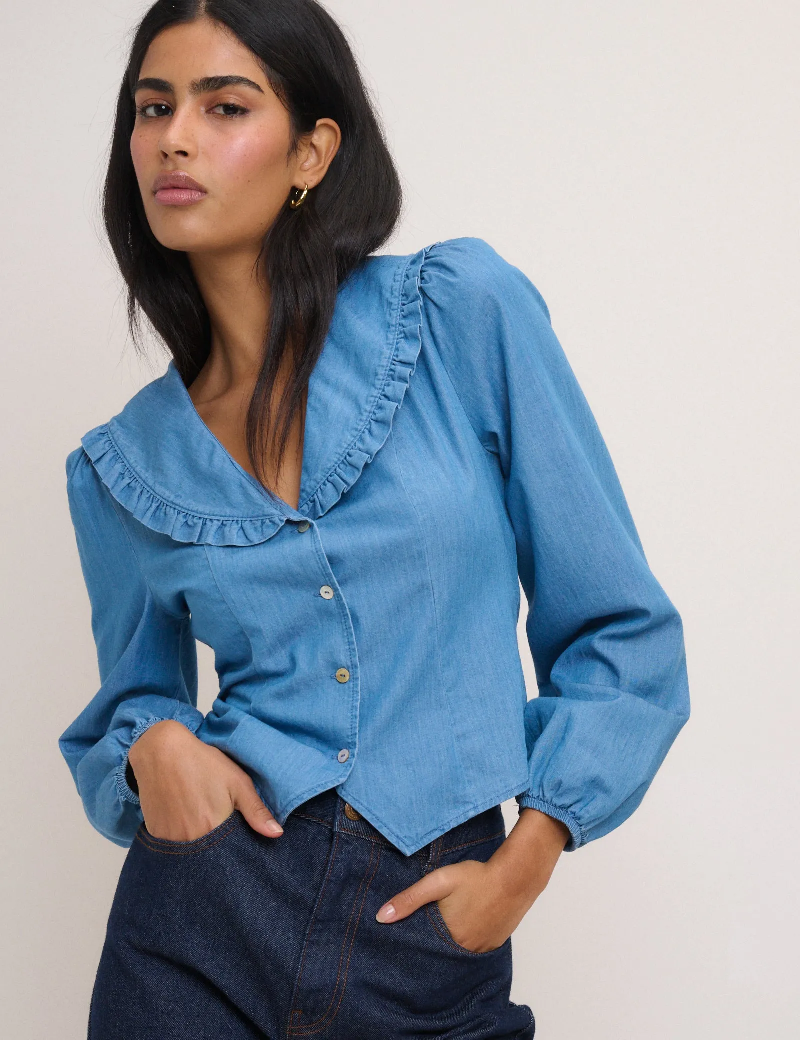 Blue Denim Frill Long Sleeve Blouse sold by Nobody's Child product image thumbnail 3