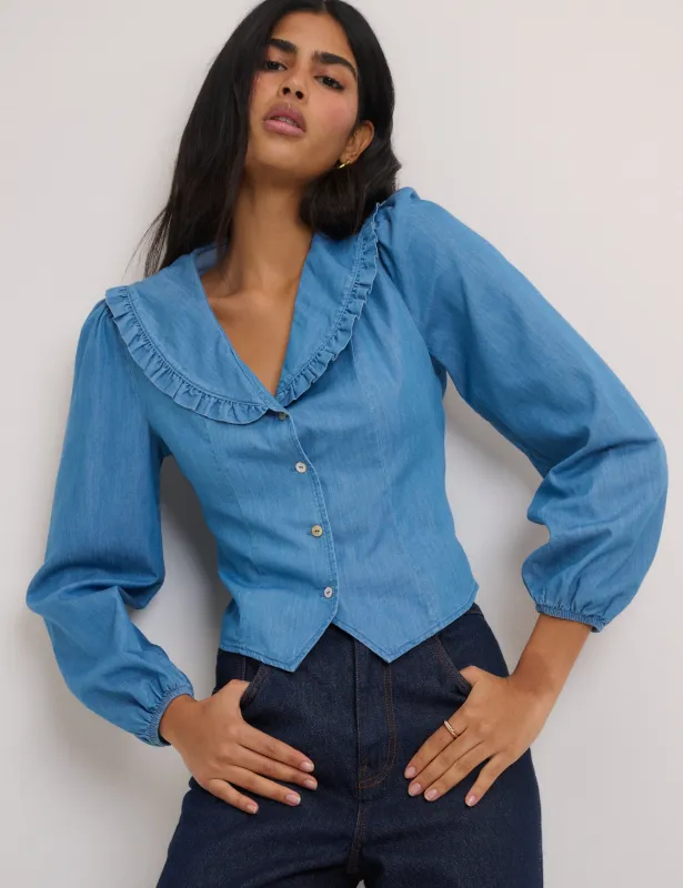 Blue Denim Frill Long Sleeve Blouse sold by Nobody's Child