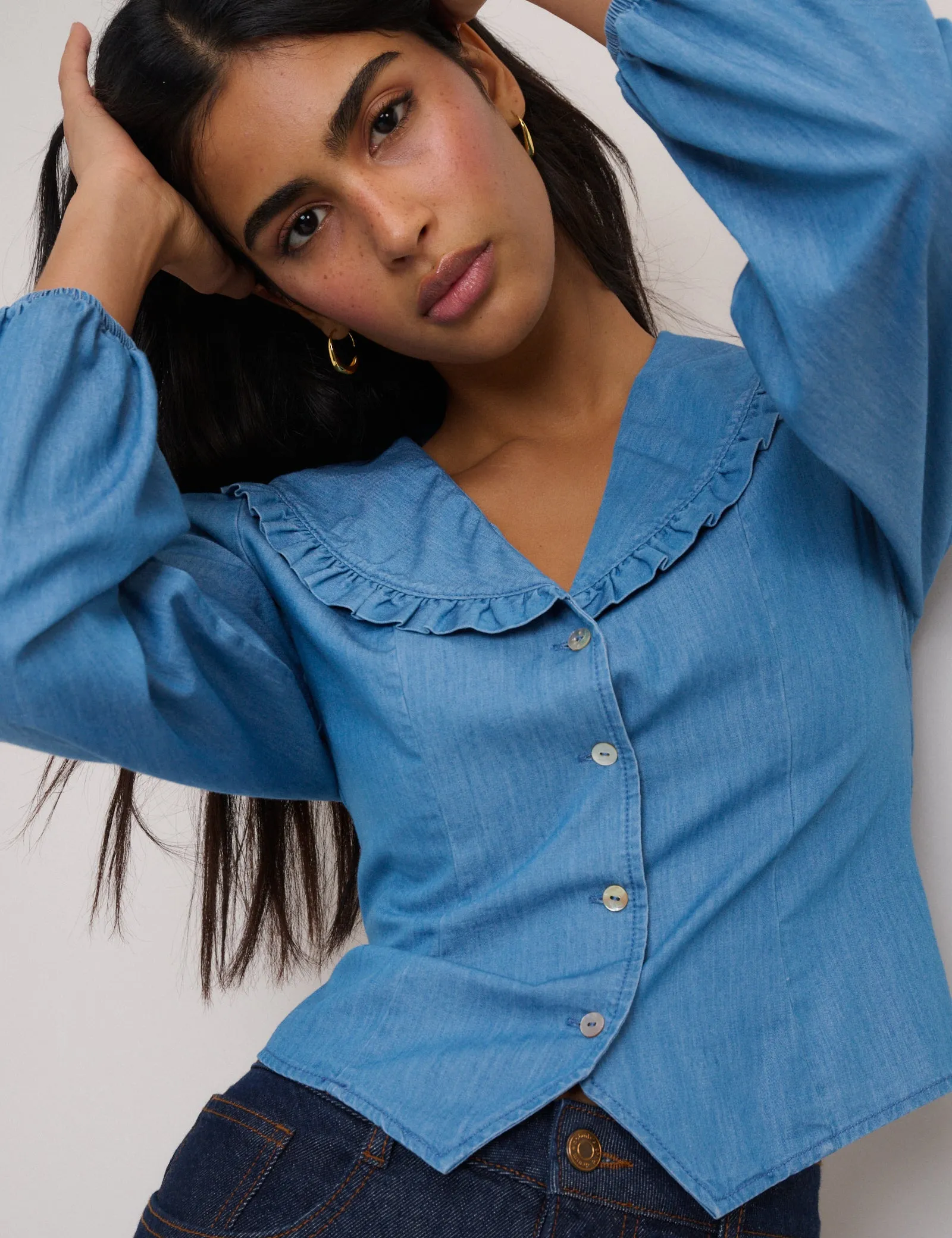 Blue Denim Frill Long Sleeve Blouse sold by Nobody's Child product image thumbnail 4