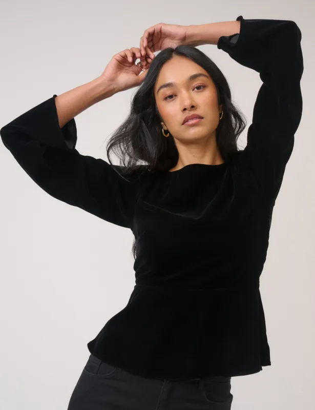 Black Velvet Long Sleeve Peplum Top sold by Nobody's Child