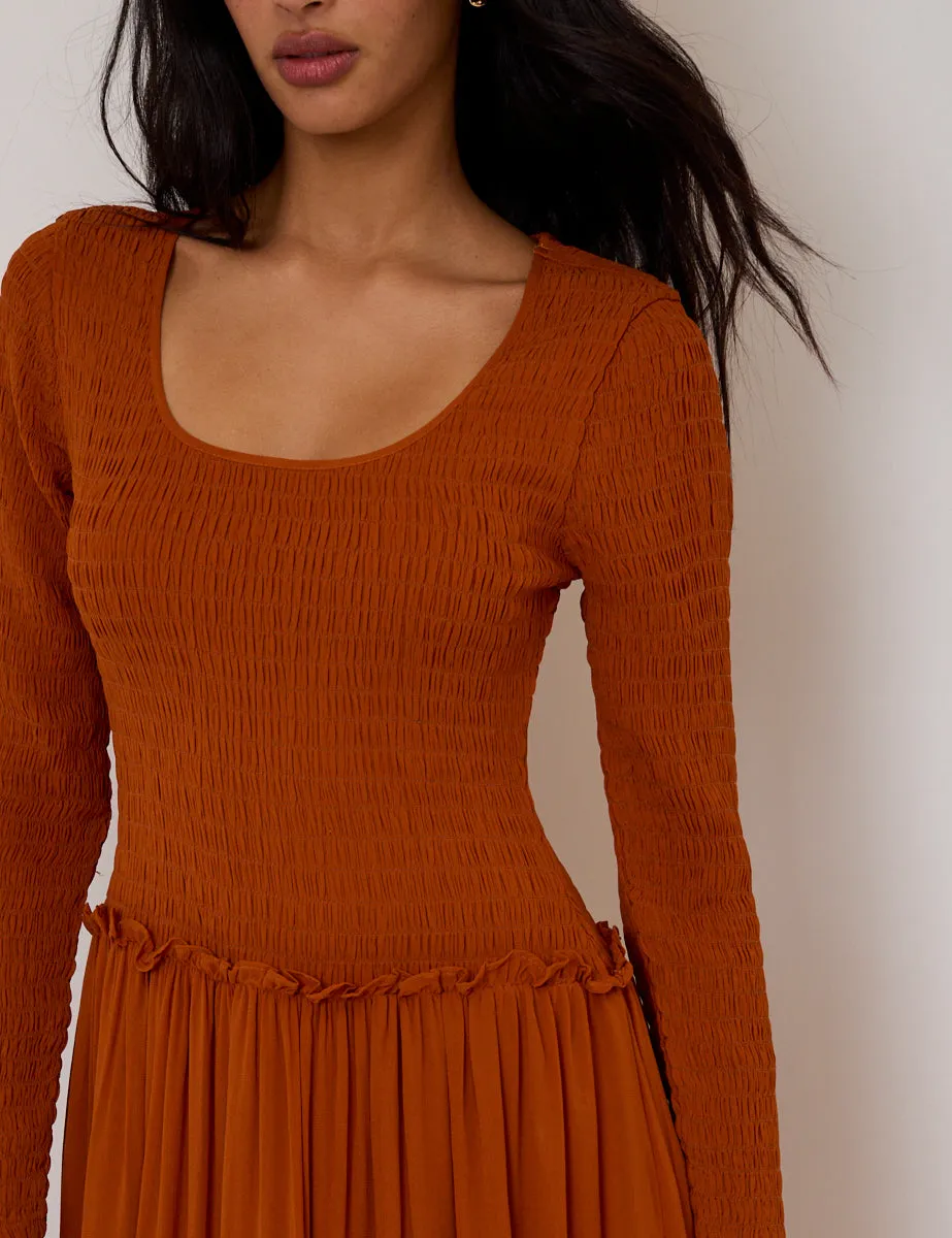 Burnt Orange Shirred Long Sleeve Sorelle Midi Dress sold by Nobody's Child product image thumbnail 4