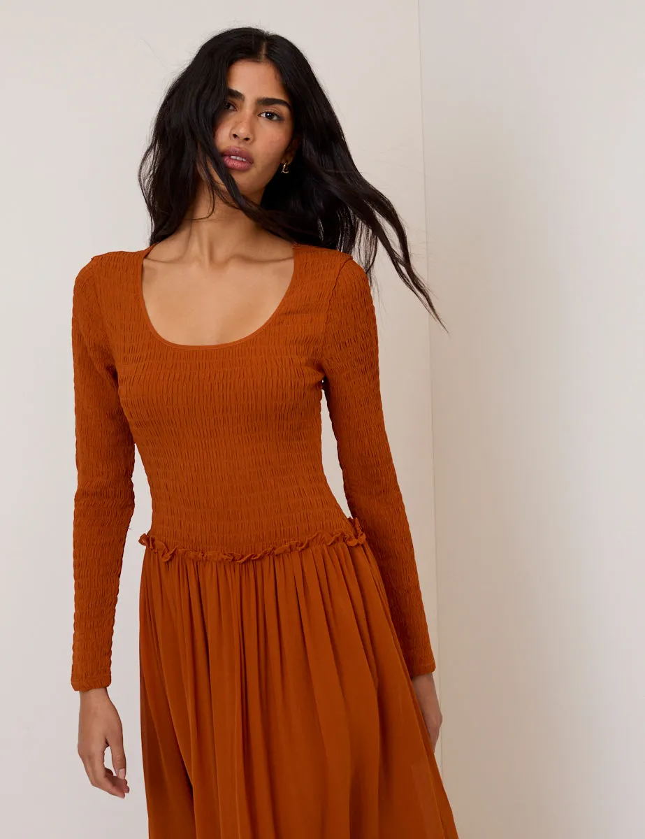 Burnt Orange Shirred Long Sleeve Sorelle Midi Dress sold by Nobody's Child product image thumbnail 2