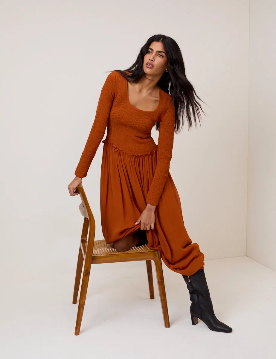 Burnt Orange Shirred Long Sleeve Sorelle Midi Dress sold by Nobody's Child product image thumbnail 3