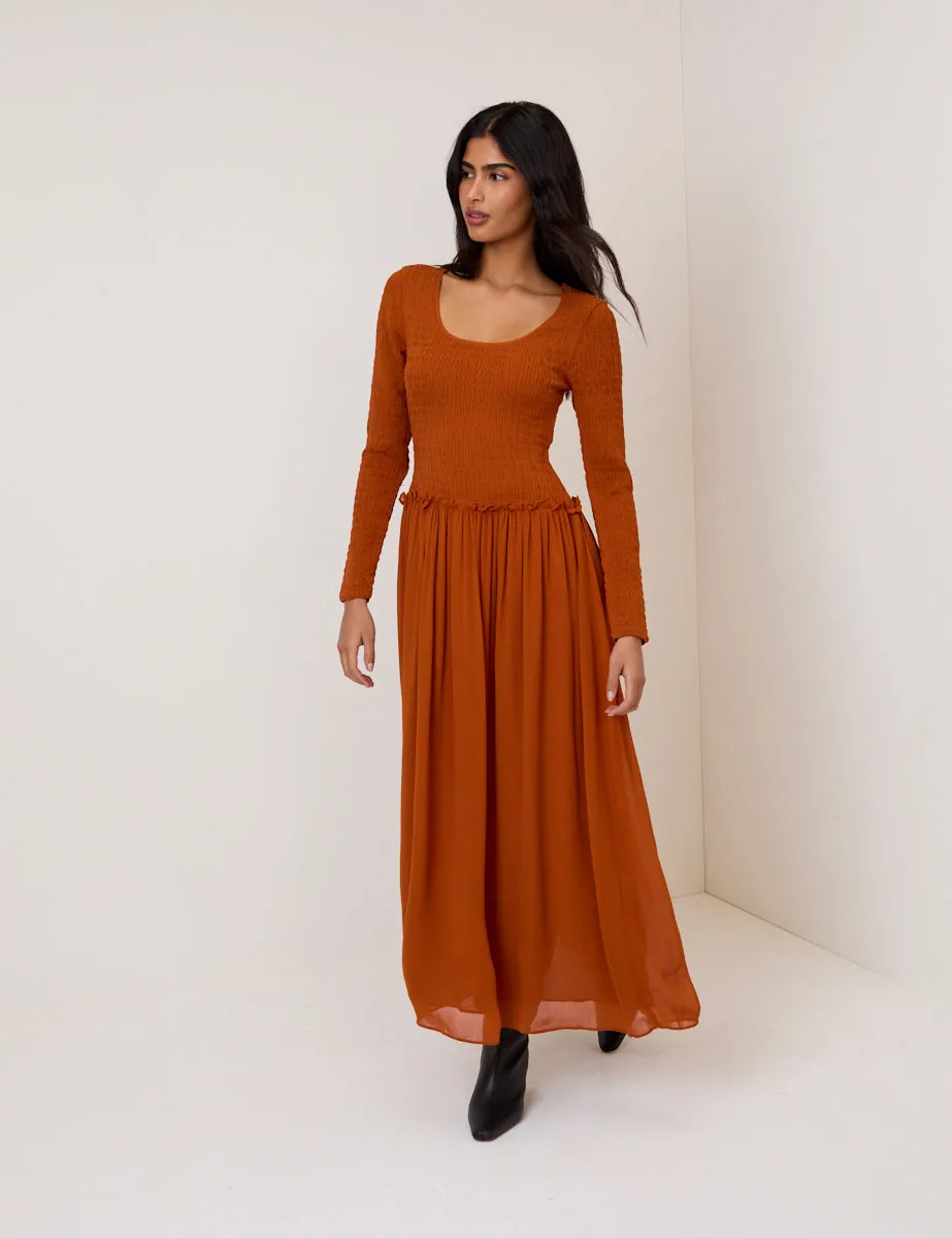 Burnt Orange Shirred Long Sleeve Sorelle Midi Dress sold by Nobody's Child